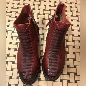 John Fluevog Red Leather Babette Ankle Boots with Black Faux Lace Accents